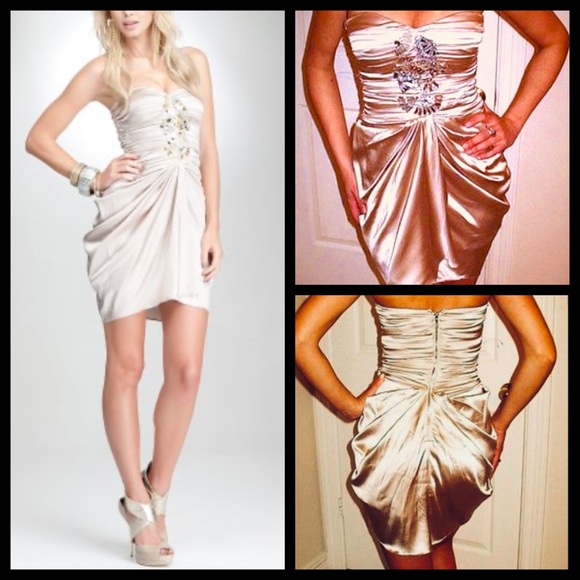 Bebe Silk Champagne Beaded Sequin Embellished Corset Tulip Cocktail Party Dress - Picture 9 of 11